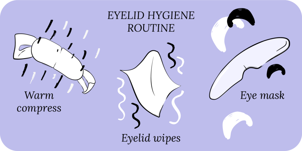 Eyelid hygiene routine: warm compress, eyelid wipes, eye mask